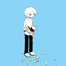 Rule 34 | 1boy, avogado6, bag, blue background, chips (food), collared shirt, commentary, failure, food, full body, holding, holding bag, limited palette, long sleeves, looking down, male focus, no mouth, opening, original, pants, shirt, slippers, solid oval eyes, solo, standing, white shirt