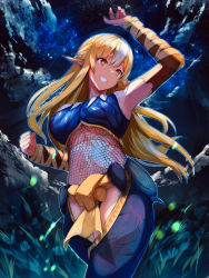 Rule 34 | 1girl, armor, blonde hair, breasts, chainmail, dark-skinned female, dark skin, elf, fishnets, hololive, large breasts, long hair, looking at viewer, maruno ball, midriff, monster hunter (series), monster hunter rise, nargacuga (armor), navel, open mouth, panties, pointy ears, shiranui flare, smile, solo, thighhighs, underwear, virtual youtuber