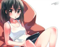 Rule 34 | 10s, 1girl, alternate costume, blush, breasts, brown eyes, brown hair, casual, dated, eating, handheld game console, kantai collection, koruri, looking at viewer, mouth hold, sendai (kancolle), short hair, sitting, small breasts, solo, tank top, two side up