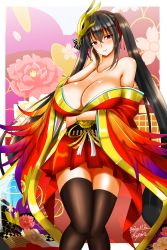 Rule 34 | 1girl, azur lane, bare shoulders, black hair, blush, breasts, collarbone, hand on own face, highres, hisin, japanese clothes, large breasts, long hair, off shoulder, red eyes, solo, taihou (azur lane), twintails, very long hair