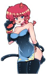 Rule 34 | 1girl, animal ears, bell, blue eyes, blush, braid, breasts, cat ears, cat paws, cat tail, china dress, chinese clothes, choker, cleavage, dress, fang, genderswap, genderswap (mtf), kingbawoon, paws, ranma-chan, ranma 1/2, red hair, saotome ranma, single braid, solo, tail, thighhighs