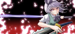 Rule 34 | 1girl, apapapa, black background, bow, breasts, collared shirt, energy, glowing, glowing sword, glowing weapon, gradient eyes, green skirt, green vest, grey hair, hairband, highres, holding, holding sword, holding weapon, katana, konpaku youmu, looking afar, multicolored eyes, purple eyes, red background, red eyes, red pupils, reverse grip, scabbard, sheath, shirt, short hair, short sleeves, skirt, solo, sword, touhou, two-tone background, unsheathing, upper body, vest, weapon, white shirt, wind