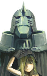 Rule 34 | 1boy, alphonse elric, androgynous, armor, bare arms, bare shoulders, blonde hair, chainmail, close-up, closed mouth, collarbone, expressionless, fullmetal alchemist, hair over one eye, hand up, helmet, leaning to the side, lifting covers, long hair, looking at viewer, male focus, noako, peeking out, shade, sidelighting, simple background, skinny, solo focus, spiked helmet, spikes, straight hair, white background, wide-eyed, yellow eyes