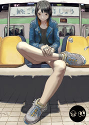 Rule 34 | 1girl, anklet, english text, highres, jacket, jewelry, kumio34, leather, leather jacket, multicolored hair, no socks, original, punk, shadow, shoes, sitting, sneakers, solo, sonic youth, spikes, subway, tattoo, train, train station, two-tone hair