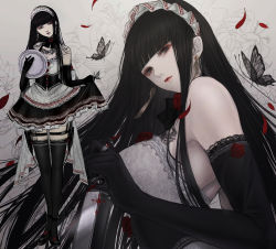 Rule 34 | 1girl, black gloves, black hair, black thighhighs, blunt bangs, breasts, bug, butterfly, chest tattoo, dagger, elbow gloves, eyelashes, floral print, frilled gloves, frills, gloves, highres, hime cut, holding, holding dagger, holding knife, holding weapon, insect, knife, lace trim, leg holster, leg tattoo, long hair, looking at viewer, maid, maid headdress, original, red lips, satsuki kei, sidelocks, skirt, tattoo, thigh strap, thighhighs, weapon