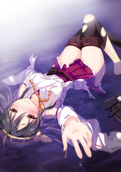 Rule 34 | 10s, 1girl, black hair, blush, boots, breasts, brown eyes, detached sleeves, foreshortening, hairband, haruna (kancolle), japanese clothes, kantai collection, large breasts, long hair, looking at viewer, lying, miniskirt, on back, outstretched hand, partially submerged, personification, saki chisuzu, skirt, smile, solo, tears, thigh boots, thighhighs, torn clothes, torn thighhighs, upside-down, water, zettai ryouiki