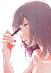 Rule 34 | 1girl, applying makeup, bare shoulders, blue eyes, closed mouth, commentary, from side, girls und panzer, highres, holding, itsumi erika, makeup, makeup brush, mascara, medium hair, nail polish, oze (xyz go go11), red nails, silver hair, simple background, solo, twitter username, upper body, white background