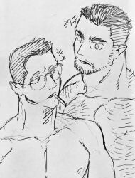 Rule 34 | 2boys, abs, absurdres, age switch, aged down, aged up, alternate facial hair, arm hair, bara, beard, billy russell (dickfish), chest hair, cigarette, couple, dickfish (fishismdick), facial hair, glasses, hairy, highres, john rottweil (dickfish), large pectorals, male focus, mature male, multiple boys, muscular, muscular male, mustache, nipples, nude, original, pectorals, round eyewear, scan, short hair, sideburns, sketch, stomach, thick eyebrows, traditional media, translation request, upper body, yaoi