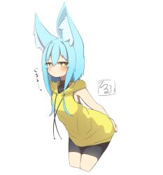 Rule 34 | 1girl, absurdres, animal ear fluff, animal ears, bare arms, bike shorts, black shorts, blue hair, breasts, closed mouth, commentary request, cropped legs, drawstring, hair between eyes, highres, hood, hood down, hoodie, idaten93, leaning forward, long hair, looking at viewer, original, shorts, simple background, sleeveless, sleeveless hoodie, small breasts, solo, terufu-chan, white background, yellow eyes, yellow hoodie