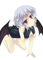 Rule 34 | 1girl, akisome hatsuka, all fours, alternate costume, bat wings, breasts, front zipper swimsuit, hair between eyes, light purple hair, looking at viewer, meme attire, one-piece swimsuit, red eyes, remilia scarlet, short hair, small breasts, smile, solo, swimsuit, touhou, wings