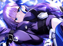 Rule 34 | 10s, 1girl, belt, blue eyes, bubble, fate/extra, fate/extra ccc, fate (series), fuu (fuore), hair ribbon, highres, long hair, meltryllis (fate), open mouth, purple hair, ribbon, sleeves past wrists, solo, water