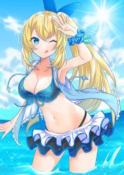 Rule 34 | 1girl, :q, armpits, bare shoulders, bikini, bikini top only, black bikini, blonde hair, blue eyes, blue flower, blue jacket, blue sky, blush, breasts, cleavage, closed mouth, cloud, cloudy sky, collarbone, day, drawstring, floating hair, flower, flower bracelet, front-tie bikini top, front-tie top, hair ribbon, hand up, haruyuki 14, highleg, highres, hood, hood down, hooded jacket, jacket, large breasts, layered skirt, light particles, light rays, long hair, looking at viewer, miniskirt, mirai akari, mirai akari project, navel, one eye closed, open clothes, open jacket, outdoors, ribbon, rose, side ponytail, sidelocks, skirt, sky, sleeveless, sleeveless jacket, smile, solo, stomach, sun, sunbeam, sunlight, swimsuit, thighs, tongue, tongue out, very long hair, virtual youtuber, wading, water