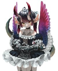 Rule 34 | 1girl, animal ears, bare shoulders, black dress, black hair, blush, clawed gauntlets, cowboy shot, dress, fang, feathered wings, flat chest, frilled dress, frilled skirt, frilled sleeves, frills, garter straps, gauntlets, highres, horns, jonpei, lace, large ears, lips, looking at viewer, monster girl, multicolored hair, off-shoulder dress, off shoulder, original, own hands together, purple hair, simple background, single horn, sketch, skirt, slit pupils, solo, standing, tail, two side up, white background, wings, yellow eyes