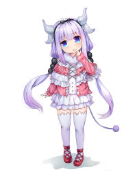 Rule 34 | 10s, 1girl, absurdres, beads, blue eyes, capelet, cookman, dragon girl, dragon horns, dress, finger to mouth, full body, hair beads, hair ornament, hairband, highres, horns, kanna kamui, kobayashi-san chi no maidragon, long hair, open mouth, ribbon, shoes, silver hair, solo, tail, thighhighs, twintails, white thighhighs