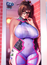 Rule 34 | 1girl, bare arms, black-framed eyewear, bodysuit, breasts, brick wall, brown eyes, brown hair, cleavage, commentary, cosplay, curvy, d.va (overwatch), d.va (overwatch) (cosplay), english commentary, fingernails, glasses, hair bun, hair ornament, hair stick, half-closed eyes, large breasts, lips, looking at viewer, mei (overwatch), navel, nikichen, no bra, nose, overwatch, overwatch 1, plump, purple bodysuit, short hair, single hair bun, skindentation, solo