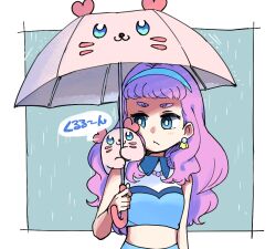 Rule 34 | 1girl, animal, animal on shoulder, bead necklace, beads, blue eyes, blue hairband, blue shirt, bright pupils, character print, closed mouth, collared shirt, commentary, cropped shirt, earrings, frown, hairband, holding, holding umbrella, jewelry, kururun (precure), laura la mer, long hair, midriff, necklace, piku (another pikuru), pink umbrella, precure, print umbrella, purple hair, rain, shirt, sleeveless, sleeveless shirt, solo, translated, tropical-rouge! precure, umbrella, white pupils