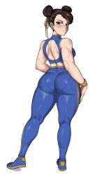 Rule 34 | 1girl, artist request, ass, bare shoulders, black hair, blush, breasts, brown eyes, capcom, chun-li, double bun, from behind, hair bun, hair ribbon, highres, huge ass, looking at viewer, looking back, medium breasts, pantylines, ribbon, shiny clothes, shiny skin, short hair, sideboob, smile, solo, spandex, sports bra, street fighter