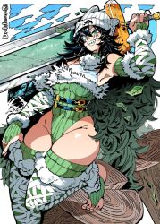 Rule 34 | 1girl, bare shoulders, belt, breasts, commentary, commission, elbow gloves, fur trim, gloves, green eyes, green gloves, green thighhighs, hat, holding, holding sword, holding weapon, jewelry, kafun, looking at viewer, original, ring, sharp teeth, small breasts, smile, solo, standing, sword, teeth, thighhighs, turtleneck, weapon, white headwear