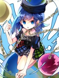 Rule 34 | &gt;:o, 1girl, :o, bare shoulders, black shirt, blue eyes, blue hair, chain, clothes writing, collar, collarbone, earth (ornament), hecatia lapislazuli, hecatia lapislazuli (earth), jpeg artifacts, long hair, looking at viewer, matching hair/eyes, miniskirt, moon (ornament), multicolored clothes, multicolored skirt, nikorashi-ka, off-shoulder shirt, off shoulder, one-hour drawing challenge, plaid, plaid skirt, shirt, short sleeves, skirt, solo, t-shirt, touhou, triangle mouth, v-shaped eyebrows