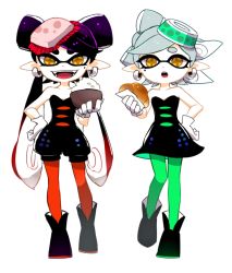 Rule 34 | + +, 2girls, bad id, bad pixiv id, black hair, bow, bread, brown eyes, callie (splatoon), detached collar, dress, earrings, fangs, food, food on head, gloves, green legwear, grey hair, hand on own hip, holding, holding food, inkling, jewelry, long hair, looking at viewer, marie (splatoon), mole, mole under eye, multiple girls, nintendo, object on head, open mouth, pantyhose, pointy ears, red legwear, rice, sango (y1994318), shoes, short dress, short hair, short jumpsuit, smile, splatoon (series), splatoon 1, standing, strapless, strapless dress, tentacle hair, white background, white gloves