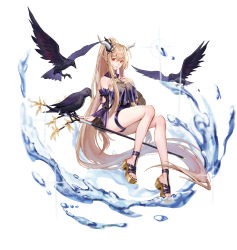 Rule 34 | 1girl, absurdly long hair, absurdres, arknights, bird, black nails, blonde hair, breasts, chinese commentary, cleavage, crow, demon horns, detached sleeves, feather trim, full body, gold footwear, hair between eyes, hand on own chest, highres, holding, holding staff, horns, invisible chair, jewelry, large breasts, long hair, looking at viewer, mosi l, nail polish, necklace, official alternate costume, one-piece swimsuit, parted lips, platform footwear, pointy ears, purple one-piece swimsuit, red eyes, sandals, see-through, shining (arknights), shining (silent night) (arknights), simple background, sitting, smile, solo, staff, swimsuit, thigh strap, toenail polish, toenails, very long hair, water, water drop, white background, wide sleeves