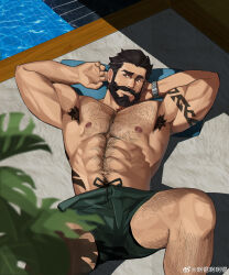 Rule 34 | 1boy, abs, absurdres, akunaakun (kunkun586586), arm tattoo, armpit hair, bara, black hair, chest hair, graves (league of legends), green male swimwear, highres, large pectorals, league of legends, lying, male focus, male swimwear, muscular, muscular male, navel, navel hair, nipples, official alternate costume, on back, pectorals, pool party graves, short hair, solo, tattoo, watch, wristwatch