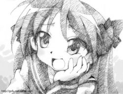 Rule 34 | 00s, 1girl, :d, head rest, gofu, greyscale, hair ribbon, head rest, hiiragi kagami, lucky star, monochrome, open mouth, ribbon, sketch, smile, solo, traditional media, tsurime, twintails