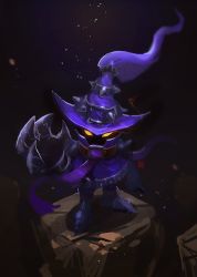 Rule 34 | 1boy, boots, full body, gloves, glowing, glowing eyes, hat, league of legends, male focus, solo, spikes, veigar, wizard hat, yellow eyes, yordle