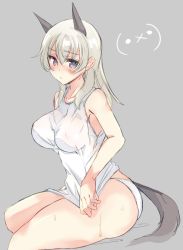 Rule 34 | 1girl, abenattou, animal ears, blouse, blue eyes, blush, breasts, closed mouth, commentary request, dog ears, dog tail, eila ilmatar juutilainen, emoticon, frown, large breasts, looking at viewer, panties, see-through, shirt, shirt tug, silver hair, simple background, sitting, solo, strike witches, sweat, tail, tank top, thighs, underwear, underwear only, wet, wet clothes, wet shirt, white panties, white shirt, world witches series