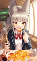 Rule 34 | alten, alternate costume, animal ears, blunt bangs, cat ears, eating, facial mark, highres, long hair, low twintails, nia (blade) (xenoblade), nia (xenoblade), open mouth, ponytail, restaurant, ribbon, short hair, twintails, very long hair, xenoblade chronicles (series), xenoblade chronicles 2, yellow eyes