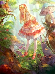 Rule 34 | 1girl, arms behind back, berry, bird, birdhouse, blonde hair, closed mouth, day, dress, flower, forest, full body, headdress, highres, leaning forward, lolita fashion, long hair, looking at another, mary janes, mushroom, nature, orange eyes, original, outdoors, pantyhose, pink footwear, plant, pointy ears, rabbit, shell (wwwtrista), shoes, smile, solo, standing, sweet lolita, white pantyhose