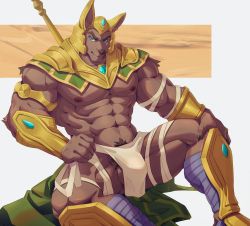 Rule 34 | 1boy, abs, absurdres, animal ears, bandages, bara, bare pectorals, blue eyes, bulge, feet out of frame, furry, furry male, helmet, highres, jackal boy, jackal ears, large pectorals, league of legends, loincloth, looking at viewer, male focus, male pubic hair, muscular, muscular male, nasus, navel, navel hair, nipples, pectorals, penis, penis peek, pubic hair, solo, spread legs, stomach, thick thighs, thighs, uiokv, vambraces