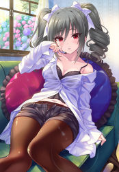 Rule 34 | 10s, 1girl, barefoot, black shorts, blush, bow, breasts, cleavage, collarbone, collared shirt, couch, crotch seam, dress shirt, drill hair, expressionless, flower, frilled pillow, frills, grey hair, hair between eyes, hair bow, hydrangea, idolmaster, idolmaster cinderella girls, indoors, kanzaki ranko, knees together feet apart, long hair, long sleeves, looking at viewer, medium breasts, navel, off shoulder, on couch, open clothes, open fly, open shirt, pantyhose, pantyhose under shorts, parted lips, pillow, red eyes, shirt, shorts, sitting, sleeves past wrists, solo, tsurime, twin drills, twintails, urabi (tomatohouse), white bow, window, wing collar