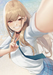 Rule 34 | 1girl, black choker, blonde hair, blue necktie, blue skirt, choker, commentary request, ear piercing, eyes visible through hair, fingernails, foreshortening, grin, highres, kitagawa marin, long fingernails, long hair, long sleeves, looking at viewer, nail polish, necktie, outstretched arm, piercing, pink nails, plaid, plaid skirt, pleated skirt, red eyes, selfie, shirt, skirt, sleeves rolled up, smile, solo, sono bisque doll wa koi wo suru, v, water, white shirt, yanagino (yanagino3)