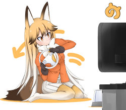 Rule 34 | 10s, 1girl, animal ears, arrow (symbol), black gloves, blazer, blonde hair, blush, bow, bowtie, brown hair, closed mouth, ezo red fox (kemono friends), fox ears, fox tail, full body, fur trim, game console, gloves, gradient hair, highres, holding, jacket, japari symbol, kemono friends, leaning to the side, long hair, long sleeves, motion lines, multicolored hair, necktie, no shoes, pantyhose, playing games, pleated skirt, sitting, skirt, solo, tail, television, tsutomu (pixiv321187), very long hair, wariza, white background, white bow, white bowtie, white hair, white skirt, wii, wii racing wheel, yellow necktie