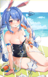 Rule 34 | 1girl, absurdres, amefukura art, animal ears, beach, black leotard, blue hair, blue nails, bow, bracelet, braid, breasts, carrot, cleavage, cloud, collarbone, day, don-chan (usada pekora), food, hair bow, highres, holding, holding food, hololive, jewelry, leotard, long hair, looking at viewer, medium breasts, multicolored hair, nail polish, ocean, open mouth, playboy bunny, popsicle, rabbit ears, see-through, short eyebrows, sitting, solo, strapless, strapless leotard, twin braids, two-tone hair, usada pekora, virtual youtuber, wariza, white bow, white hair