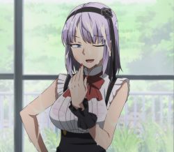 Rule 34 | 1girl, blue eyes, bra, breasts, dagashi kashi, dress, hand on own hip, highres, large breasts, nail polish, one eye closed, pink bra, purple hair, screencap, see-through, sexually suggestive, shidare hotaru, smile, solo, stitched, suggestive fluid, third-party edit, underwear, wet, wet clothes