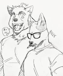 Rule 34 | 2boys, animal ears, bara, billy russell (dickfish), character name, cigarette, couple, dickfish (fishismdick), dog boy, dog ears, facial hair, furrification, furry, furry male, furry with furry, glasses, happy, highres, john rottweil (dickfish), large pectorals, male focus, mature male, multiple boys, muscular, muscular male, mustache, original, pectorals, scan, shirt, sketch, smile, thick eyebrows, traditional media, translation request, upper body, woof, yaoi