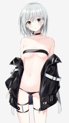Rule 34 | 1girl, bandeau, bare shoulders, black jacket, black panties, breasts, choker, closed mouth, collarbone, cowboy shot, expressionless, gluteal fold, grey eyes, highres, jacket, long sleeves, looking at viewer, medium breasts, navel, off shoulder, open clothes, open jacket, original, panties, short hair, silver hair, simple background, solo, stomach, string panties, thigh strap, thighs, underwear, white background, yon (letter)