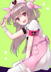 Rule 34 | 1girl, bandaged arm, bandages, blush, brown hair, commentary request, fang, green background, hat, heart, highres, kunugi miyaco, long hair, looking at viewer, nail polish, natori sana, nurse cap, open mouth, pink eyes, red nails, sana channel, short sleeves, simple background, solo, thighhighs, two side up, virtual youtuber, white thighhighs