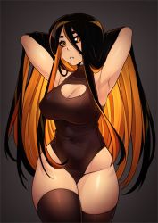 Rule 34 | 1girl, armpits, arms behind head, arms up, black hair, black hole, black sclera, black thighhighs, breasts, cleavage, cleavage cutout, clothing cutout, colored inner hair, colored sclera, covered erect nipples, cowboy shot, curvy, dark-skinned female, dark skin, grey background, highres, iwbitu, large breasts, leotard, long hair, looking at viewer, m87 black hole, multicolored hair, orange eyes, orange hair, original, parted lips, personification, solo, teeth, thick thighs, thighhighs, thighs, very long hair, wide hips