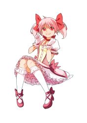 Rule 34 | 1girl, chio kitsune, choker, dress, female focus, frilled dress, frilled skirt, frilled sleeves, frills, full body, gloves, hair ribbon, hands up, happy, highres, kaname madoka, knees together feet apart, looking at viewer, mahou shoujo madoka magica, mahou shoujo madoka magica (anime), pink eyes, pink footwear, pink hair, puffy sleeves, ribbon, ribbon choker, shaded face, simple background, skirt, smile, socks, solo, soul gem, twintails, white background, white gloves, white socks