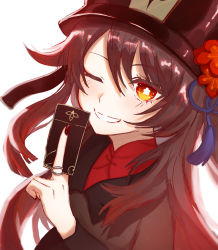 Rule 34 | 1girl, bad id, bad pixiv id, black coat, black hat, blush, breasts, brown hair, coat, flower, genshin impact, grin, hat, hat flower, highres, hu tao (genshin impact), long hair, long sleeves, looking at viewer, nagikiho, one eye closed, plum blossoms, red eyes, small breasts, smile, solo, symbol-shaped pupils, talisman, twintails, very long hair
