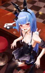 Rule 34 | 1girl, absurdres, alcohol, animal ears, bare shoulders, black dress, black thighhighs, blue hair, blunt bangs, blush, breasts, collarbone, dress, fake animal ears, from above, hat, highres, hime cut, hololive, long hair, looking at viewer, mask, unworn mask, mini hat, mini top hat, official alternate costume, orange eyes, rabbit ears, sitting, small breasts, solo, symbol-shaped pupils, thighhighs, toi1et paper, top hat, usada pekora, usada pekora (furi furi bunny dress), virtual youtuber, zettai ryouiki