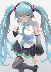 Rule 34 | 1girl, absurdres, aqua ribbon, aqua skirt, blouse, blue eyes, blue hair, blue nails, blush, breasts, closed mouth, collared shirt, detached sleeves, floating hair, grey background, grey skirt, grey sleeves, grey thighhighs, hair between eyes, hatsune miku, hatsune miku (nt), highres, hxk4 n, long hair, long sleeves, looking at viewer, medium breasts, miniskirt, nail polish, neck ribbon, pleated skirt, ribbon, see-through, see-through sleeves, shirt, skirt, sleeveless, sleeveless shirt, smile, solo, standing, thighhighs, twintails, two-tone skirt, very long hair, vocaloid, white shirt, wing collar, zettai ryouiki