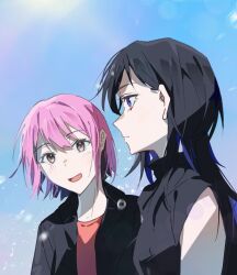 Rule 34 | 2girls, black hair, black jacket, black shirt, blue eyes, blue hair, blue sky, blush, brown eyes, closed mouth, commentary, hashtag-only commentary, highres, jacket, kororon (song), long hair, looking at another, multicolored hair, multiple girls, open mouth, outdoors, pink hair, red shirt, shirt, short hair, sky, sleeveless, sleeveless shirt, smile, streaked hair, upper body, ushio0104