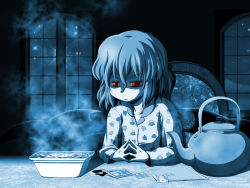 Rule 34 | 1girl, bat wings, chair, chamupei, cup ramen, female focus, fingers together, food, instant soba, kettle, pajamas, red eyes, remilia scarlet, short hair, sitting, solo, spot color, steepled fingers, touhou, window, wings, yakisoba, you&#039;re doing it wrong