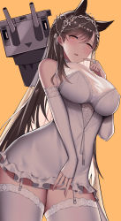 Rule 34 | 1girl, absurdres, animal ears, atago (azur lane), atago (lily-white vow) (azur lane), atago (lily-white vow) (azur lane), azur lane, bad id, bad pixiv id, black hair, blush, breasts, commentary request, covered erect nipples, dress, from below, gloves, highres, large breasts, long hair, looking at viewer, orange background, simple background, siu (siu0207), solo, thighhighs, wedding dress, white dress, white gloves, white thighhighs