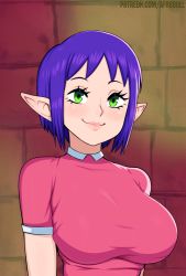 Rule 34 | 1girl, afrobull, blue hair, blush, bombchu bowling alley operator, bombchu bowling girl, breasts, closed mouth, commentary, english commentary, green eyes, large breasts, looking at viewer, nintendo, patreon username, pink shirt, pointy ears, purple hair, shirt, short hair, short sleeves, smile, solo, the legend of zelda, the legend of zelda: ocarina of time, upper body, watermark, web address