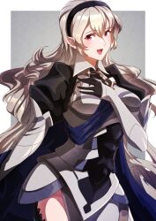 Rule 34 | 1girl, :d, absurdres, armor, armored dress, black gloves, black hairband, blonde hair, blue cape, blush, border, breastplate, breasts, cape, clothing cutout, collared dress, corrin (female) (fire emblem), corrin (fire emblem), cowboy shot, double-parted bangs, dress, film grain, fire emblem, fire emblem fates, gloves, grey background, hair between eyes, hairband, hand on own chest, hand up, highres, juliet sleeves, long hair, long sleeves, looking at viewer, medium breasts, nintendo, open mouth, pointy ears, puffy sleeves, red eyes, sidelocks, smile, solo, thigh cutout, to (tototo tk), white border